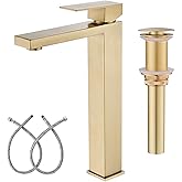 AVSIILE Brushed Gold Vessel Sink Faucet, 1 Hole Single Handle Tall Bathroom Vanity Faucets, Modern Utility Rv Laundry Bath Restroom Mixer Tap with Metal Pop Up Drain and 2 Water Supply Lines