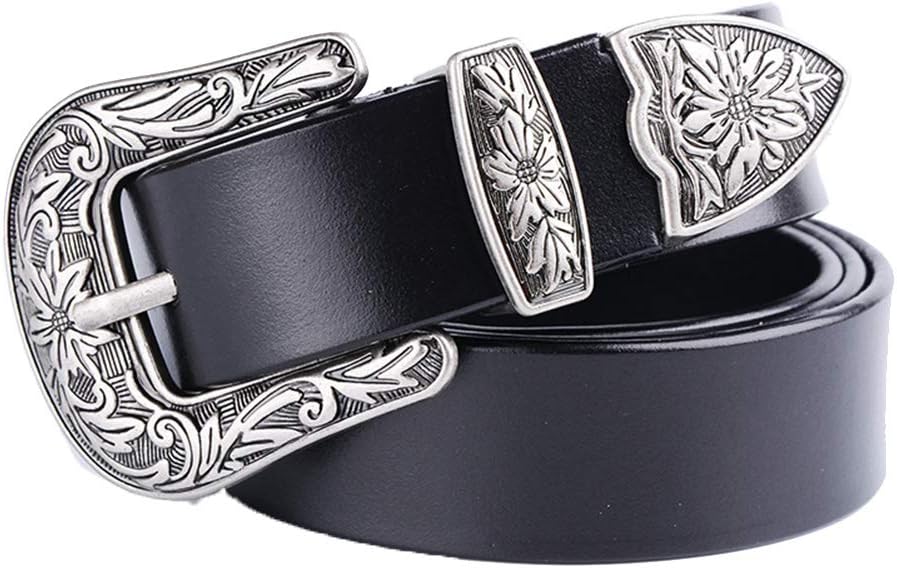 Genuine Leather Western Belts for Women Vintage Black Waist Belts for Ladies' Pants Jeans Dresses