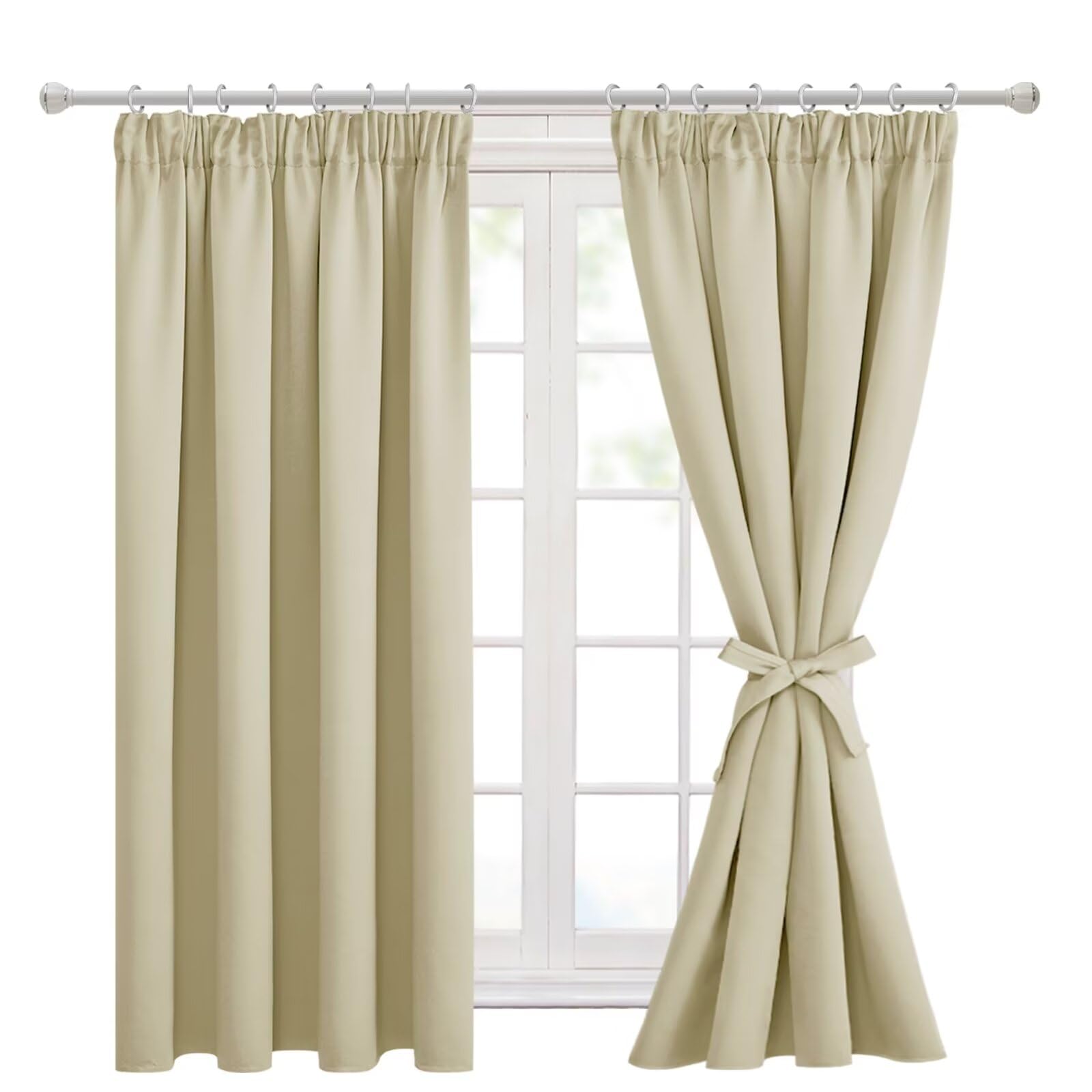 Hiasan Pencil Pleat Blackout Thermal Insulated Curtains, Bedroom and Living Room with Tiebacks, Energy Saving and Noise Reducing, 2 Panels, 46 x 54 Inch, Light Beige