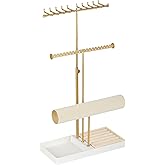 Tirzah 3-Tier Adjustable Jewelry Holder Organizer Stand with 20 Necklace Hooks, 18 Earring Holes and Notches, Bracelet Holder, 6 Ring Rolls, Jewelry Tray for Girls, Women