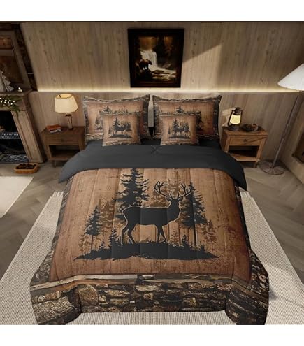 Lodge Cabin 100% Cotton Duvet Cover Queen Set – Cartoon Bear Deer Rustic Plaid Bedding With 2 Pillowcases, No Comforter - View #5
