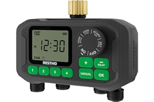 RESTMO Sprinkler Timer for Outdoor Hose Faucet 4 Zone, Up to 11h59m Programmable Watering Timer for Soaker Hose, Misting with