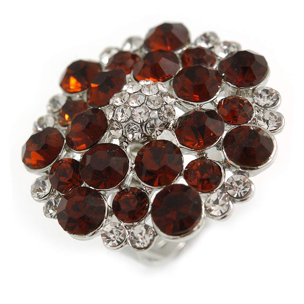 Avalaya Silver Tone Amber/Clear Diamante Cocktail Ring (Adjustable Size 7/8)