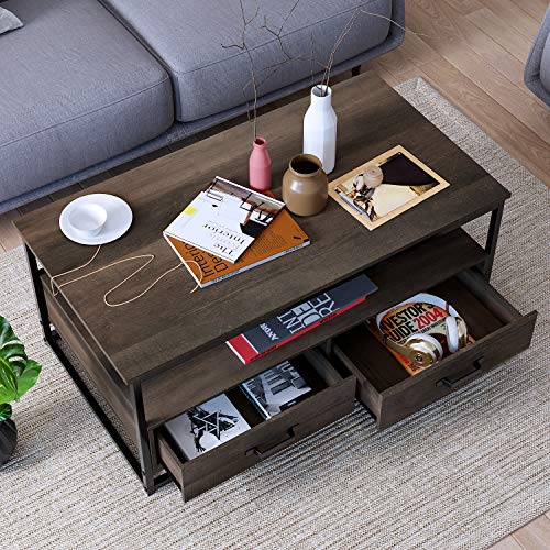 HOMECHO Industrial Coffee Table 43”, Wood and Metal Cocktail Table with