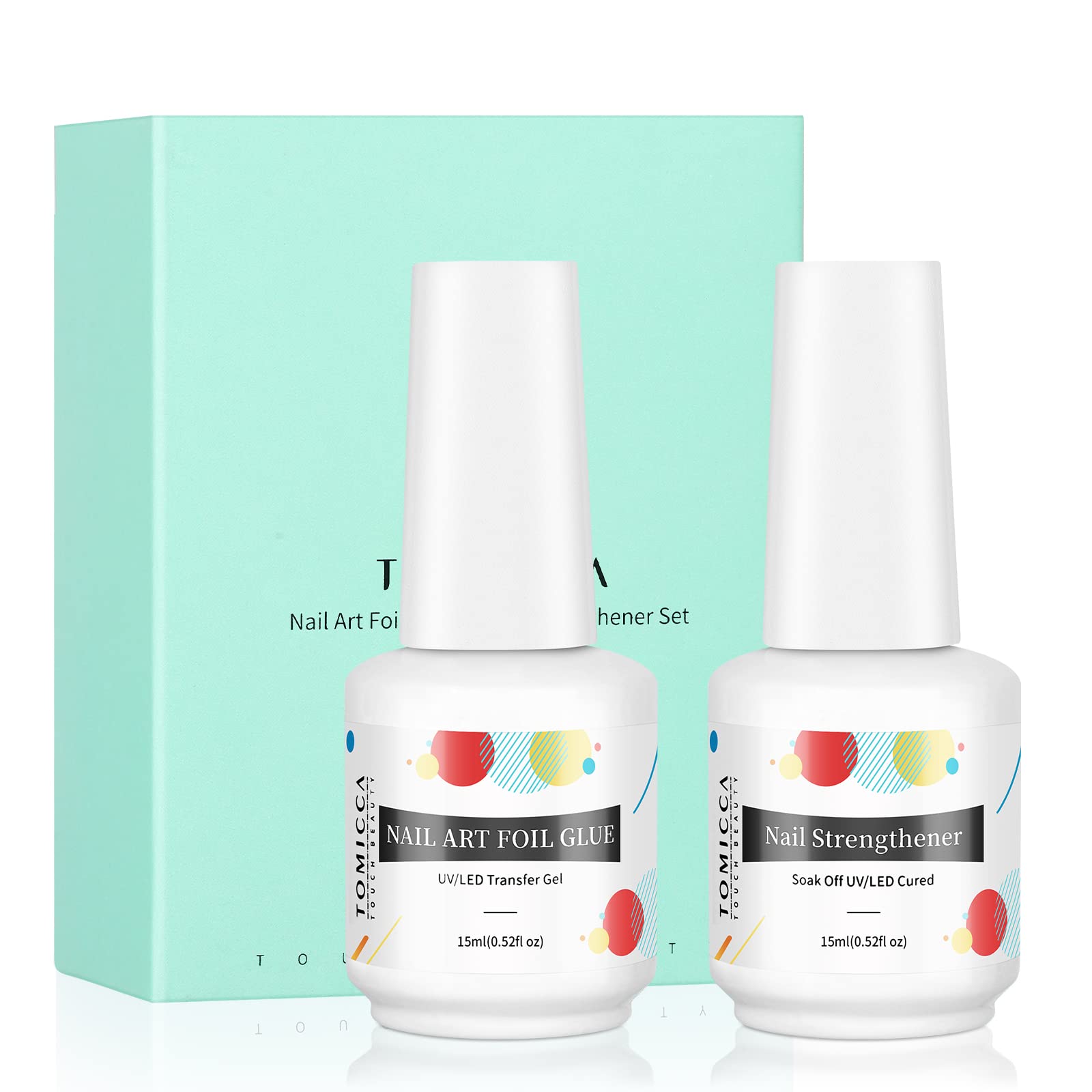 TOMICCA 2 Packs Nail Art Foil Glue Gel & Nail Strengthener Treatment, 15ML UV LED Lamp Required, Soak Off (2pcs-15ML)