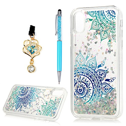 iPhone X Case, Liquid Glitter Sparkle Girls Women Luxury Fashion Bling Flowing Liquid Floating Quicksand Cute Clear TPU+Shockproof Protective Cover Skin Shell for iPhone X by YOKIRIN, Blue Mandala