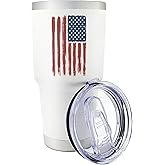 Premium 30 oz Distressed USA Flag White Tumbler with Slider Lid – Insulated Stainless Steel Travel Mug – Patriotic American Flag Coffee Tumbler for Men – Excellent Gift for Veterans, History Buffs