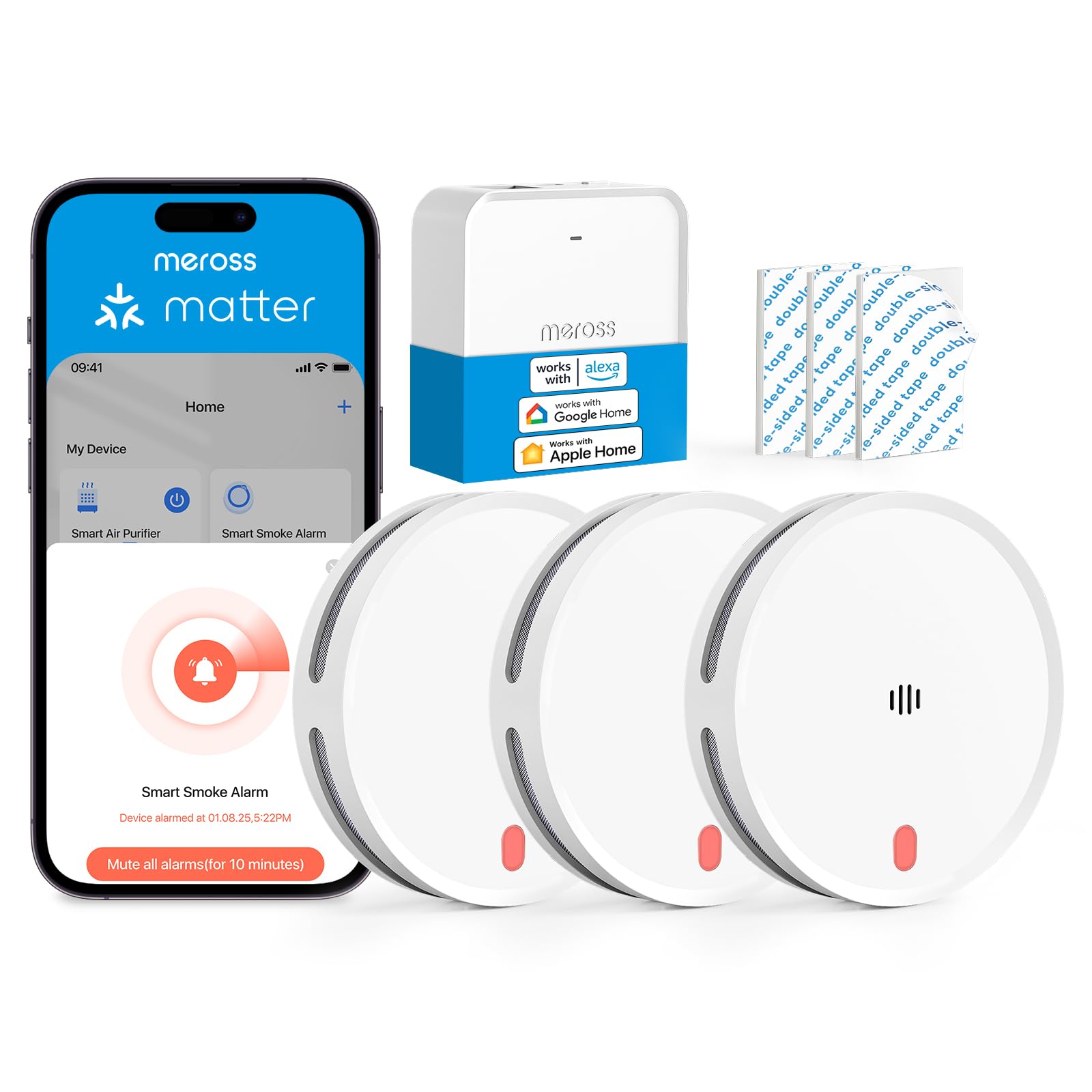 Meross Matter Rauchmelder vernetzt, Smart Feuermelder WLAN mit Dual-Lichtsensor, Brandmelder mit APP Warnmeldung, Kompatibel mit Home Assistant, HomeKit, Alexa, Google, 33 mm, mit MSH450 Hub, 3 Stück