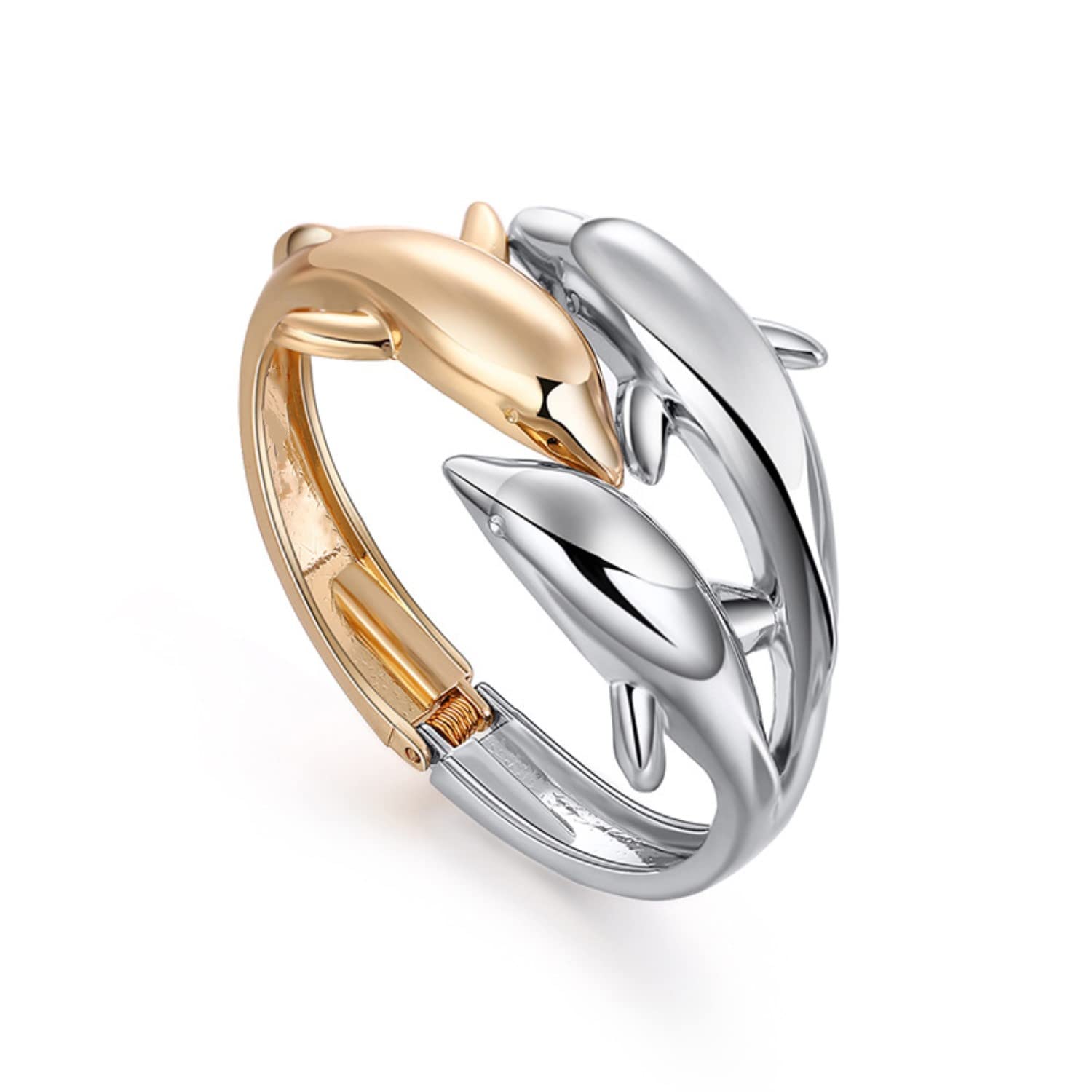 ODETOJOY Dolphin Bracelet Bangle Women Gold and Silver Two Color Tone Cuff Bracelets for Girls Birthday Hinge Open Boho Smooth Dolphins Love Charm Bangle Bracelet