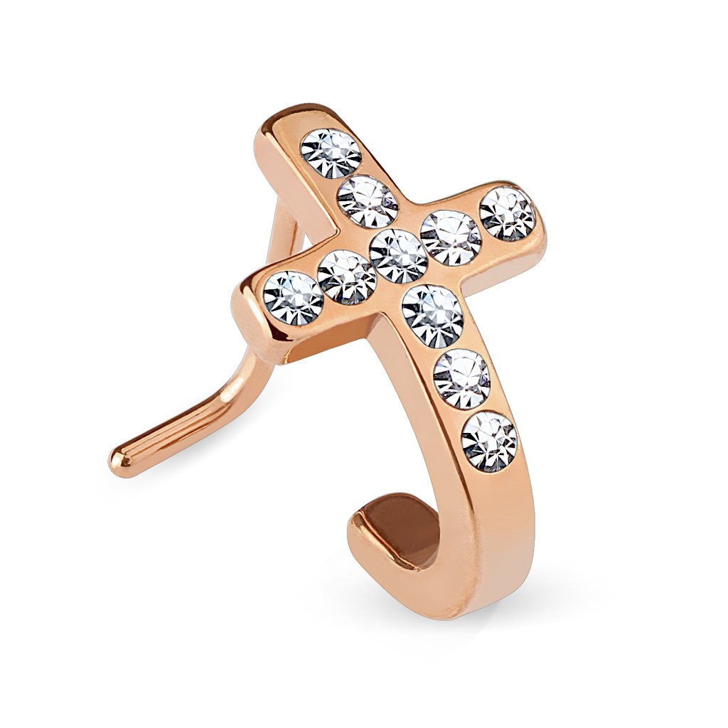 PiercedOff Rose Gold Tone IP over 316L Surgical Steel L Bend Nose Stud with Pave Crystal Cross with Clear CZ Gems - Thickness 20GA (0.8mm) / Length 6mm / Cross Size 10mm
