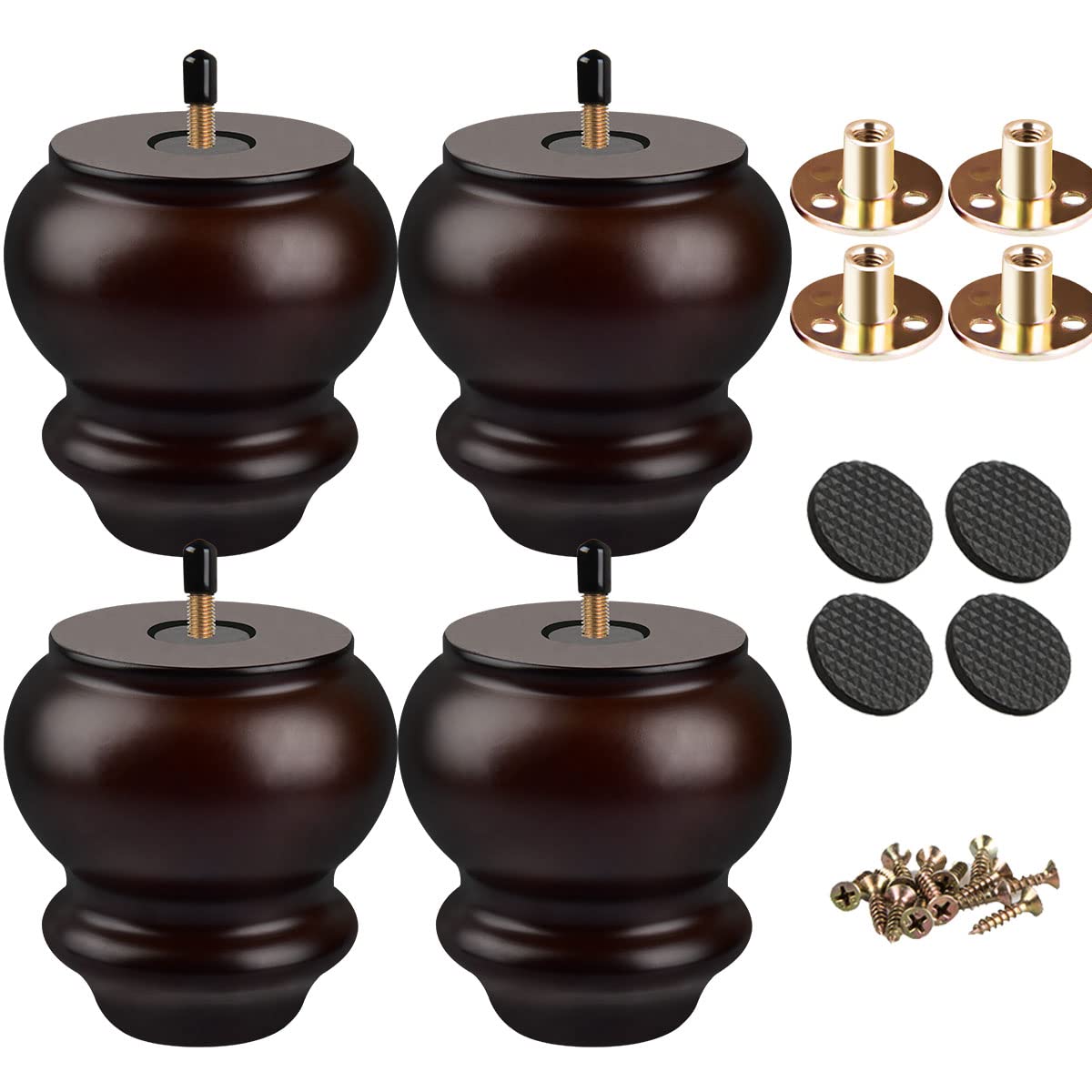 Btowin 4 Inch / 10cm Solid Wood Furniture Legs, 4Pcs Mid-Century Modern Walnut Turned Wooden Bun Feet with Threaded M8 Hanger Bolts & Mounting Plate & Screws for Sofa Couch Armchair Cabinet Recliner