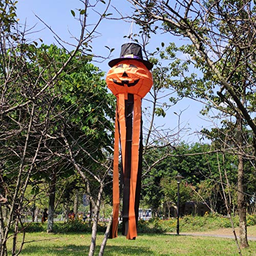 OUTOUR Halloween Pumpkin Jack-O-Lantern Jack O Lantern Fabric Windsock Wind Sock Hanging Decorations 52" Flag for Garden Patio Lawn Backyard Home Yard Porch Balcony Outdoor Decor Party Supplie - Thumbnail 2