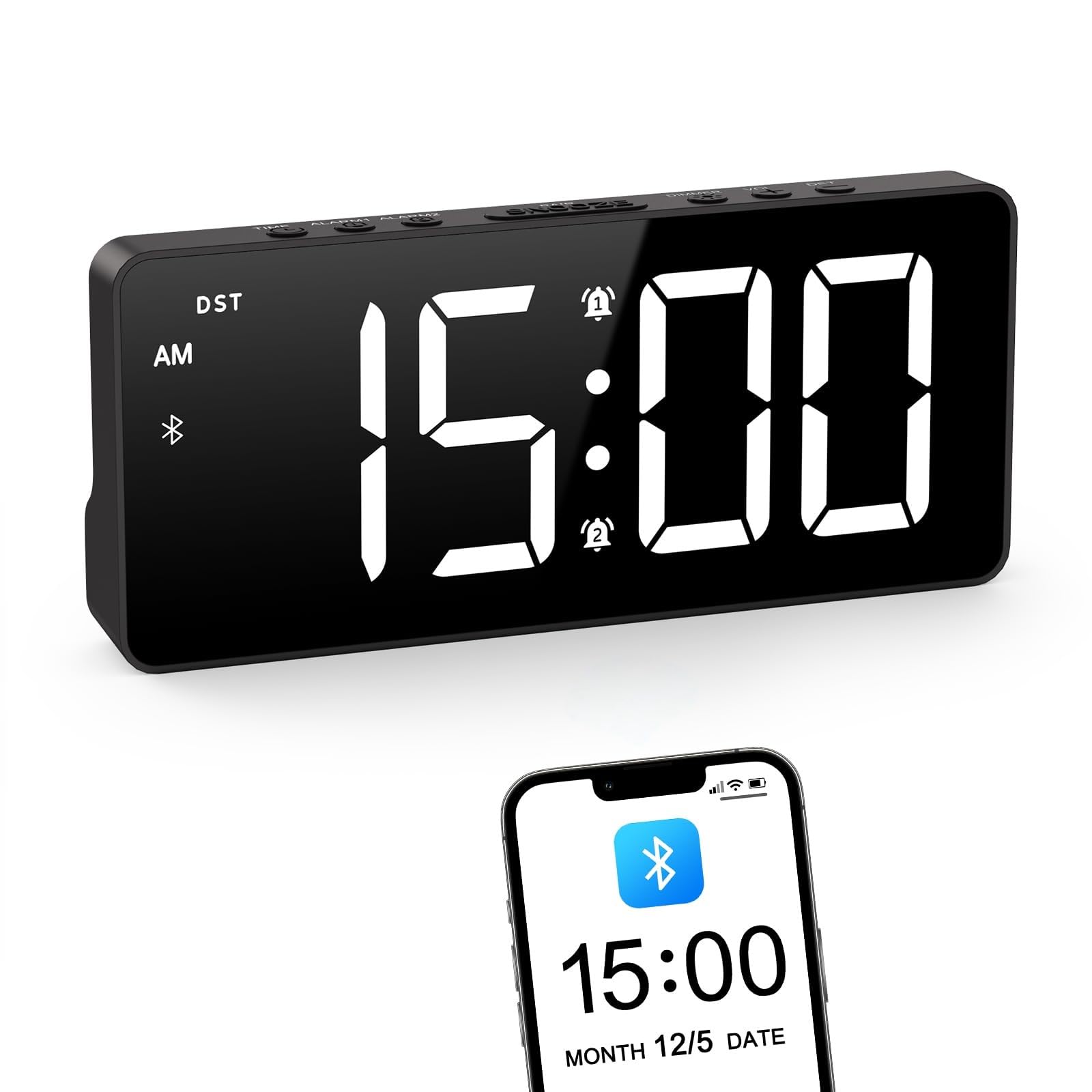 Photo 1 of ORIA Digital Alarm Clock, LED Bedroom Clock with Bluetooth Sync Time, Auto Sync Time Alarm Clock, Adjustable Volume Brightness, Snooze, Rechargeable Large Display for Home Living Room