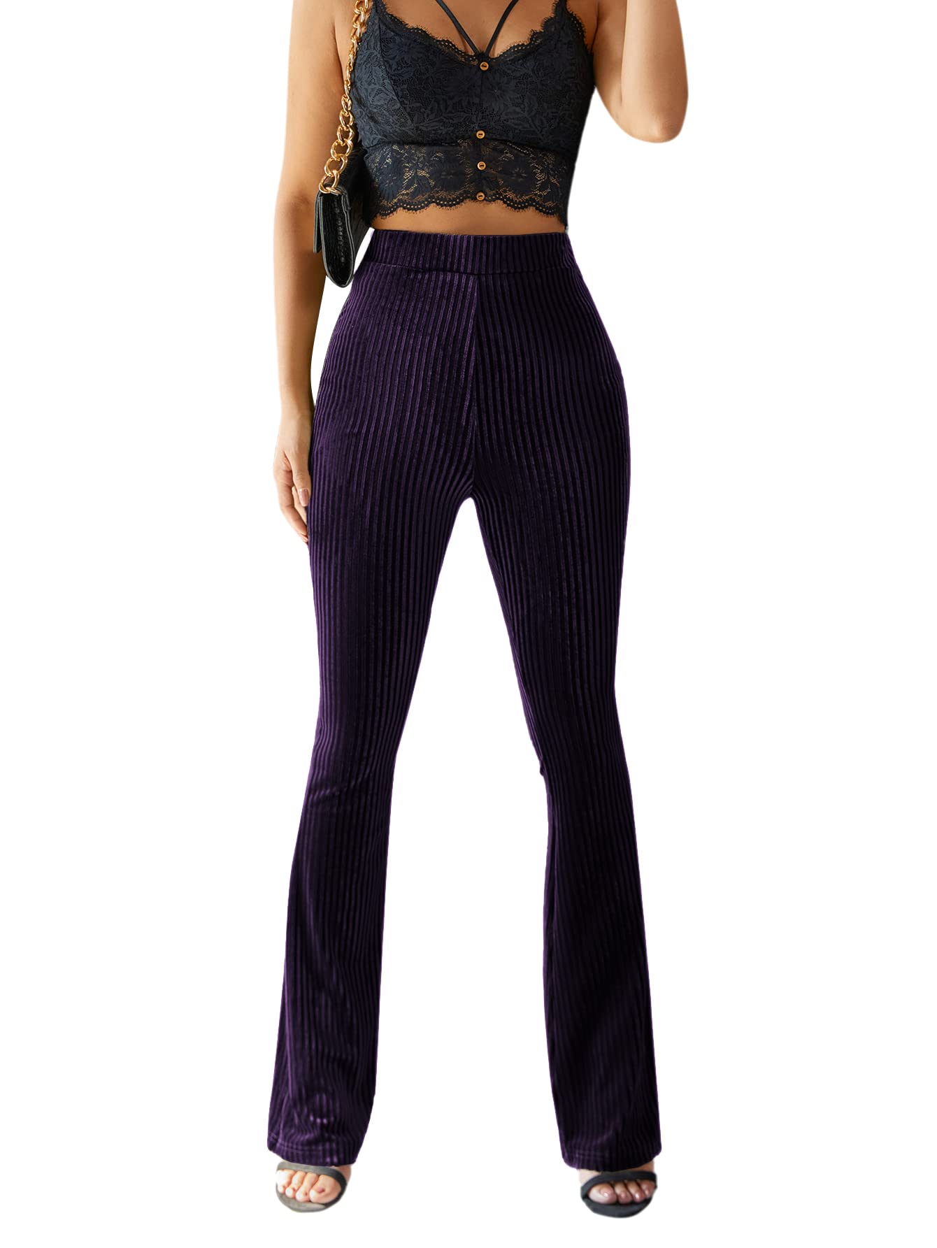 Photo 1 of Floerns Women's Velvet Elastic Waist Flare Leg Palazzo Long Pants Trousers Purple XL