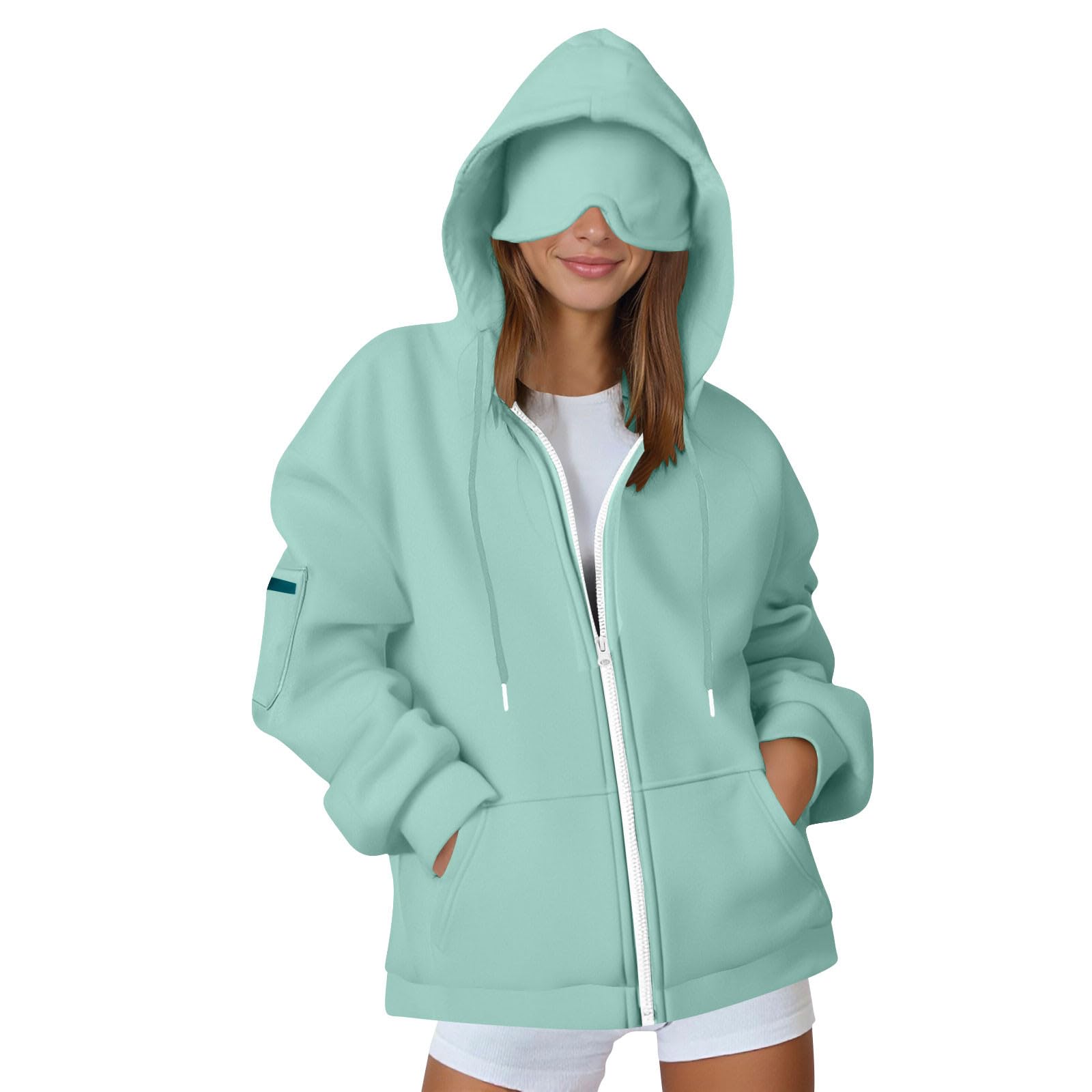 Qgtaibl Womens Zip Up Hoodies Sweatshirts with Hood Built in Eye Mask Casual Jackets Multi Pockets Fashion Fall Clothes for Women 2025 Novelty Hoodie Travel Lounge Sweatshirt Coat