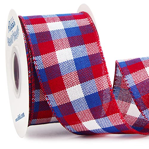 Ribbli Patriotic Red/White/Blue Check Wired Ribbon, 2-1/2 Inch x 10 Yard,4th of July Buffalo Plaid Ribbon,Burlap Ribbon for Big Bow,Wreath,Tree Decoration,Outdoor Decoration