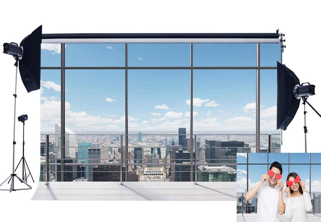 Haosphoto Vinyl 7X5FT Office Room Backdrop American New York City Business Street View Skyscraper French Sash Blue Sky White Cloud Sunshine Photography Background for Person Photo Studio Props YX131