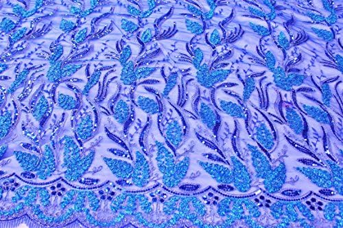 Royal Blue, Fancy Leaf Design Lace Fabric with Embroidery and Squin on the Mesh, Fashion