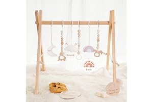 little dove Foldable Wooden Play Gym with 6 Toys - Infant Activity Gym for Baby Girls and Boys with Hanging Bar - Montessori Newborn Gift