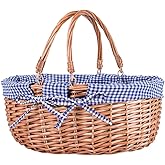 UoeRing Large Wicker Picnic Basket with Handles,Handle Sturdy Woven Body with Removable and Washable Lining,Outdoor Camping,Gift Packing,Garden Picking, Storage.Blue