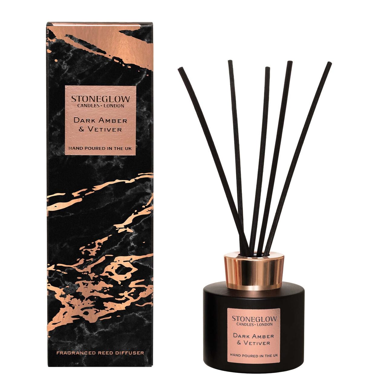 Stoneglow Luna Collection Black Pepper & Juniper Scented Reed Diffuser 120ml – Cedarwood, Sandalwood & Nutmeg Scents, Lasts 10 Weeks, 12 Rattan Reed Diffuser Sticks, Refillable Home Air Freshener