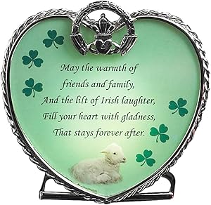 BANBERRY DESIGNS Irish Tea Light Candle Holder - Irish Blessings Poem on Glass Heart - Claddagh and Green Shamrocks- St. Patrick's Day Decorations Gift