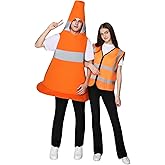 EraSpooky Unisex Adult Traffic Cone Costume Orange Construction Cone Jumpsuit Reflective Safety Vest 2 Pc Halloween Couples Costume One Size Set