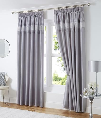 46 X 54 Grey Silver Diamante Lined Curtains Pencil Pleat Tape