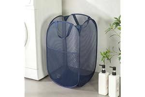 DAWNTREES Pop Up Laundry Hamper Basket,Large Collapsible Mesh Storage Basket with Side Pocket,Applicable to Laundry Room, Bathroom,Dorm,Travel Carrying (Blue Vertical)