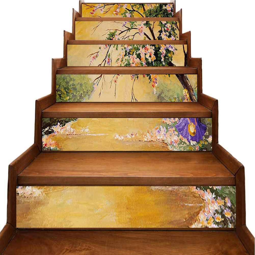 Stairway Decal Wallpaper Acrylic Like Image Flower Petal Down Near River Girl Multicolor Wallpaper Removable Wall Deca DIY Wall Mural Decorative, W39.3 x H7 inch