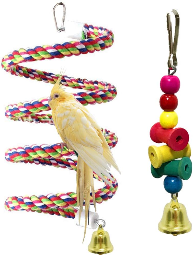 Coppthinktu Bird Perch, Bird Cage Toys with Bell, 2 Pack Rope Bungee Bird Toys with Brightly Colored Chew Toy, Cage Climbing Stand Bar Improves Balance, Coordination and Agility