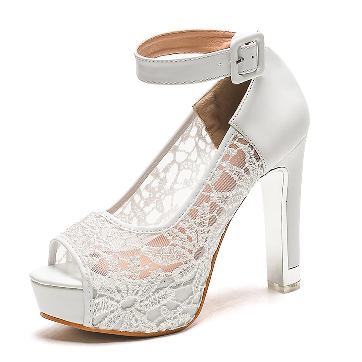 Photo 1 of Jeesay Women's Lace Flower Chunky High Heels Sandals Open Toe Ankle Strap Mesh Platform Wedding Bridal Dress Shoes (US8 White)