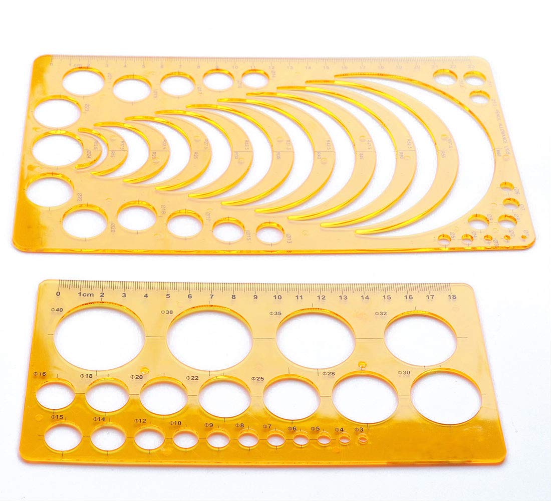 LGEGE 2 Pcs Clear Orange Plastic Geometric Math Tool Radius Arc Master Stencil Template Rulers for Measuring, Drawing for Students