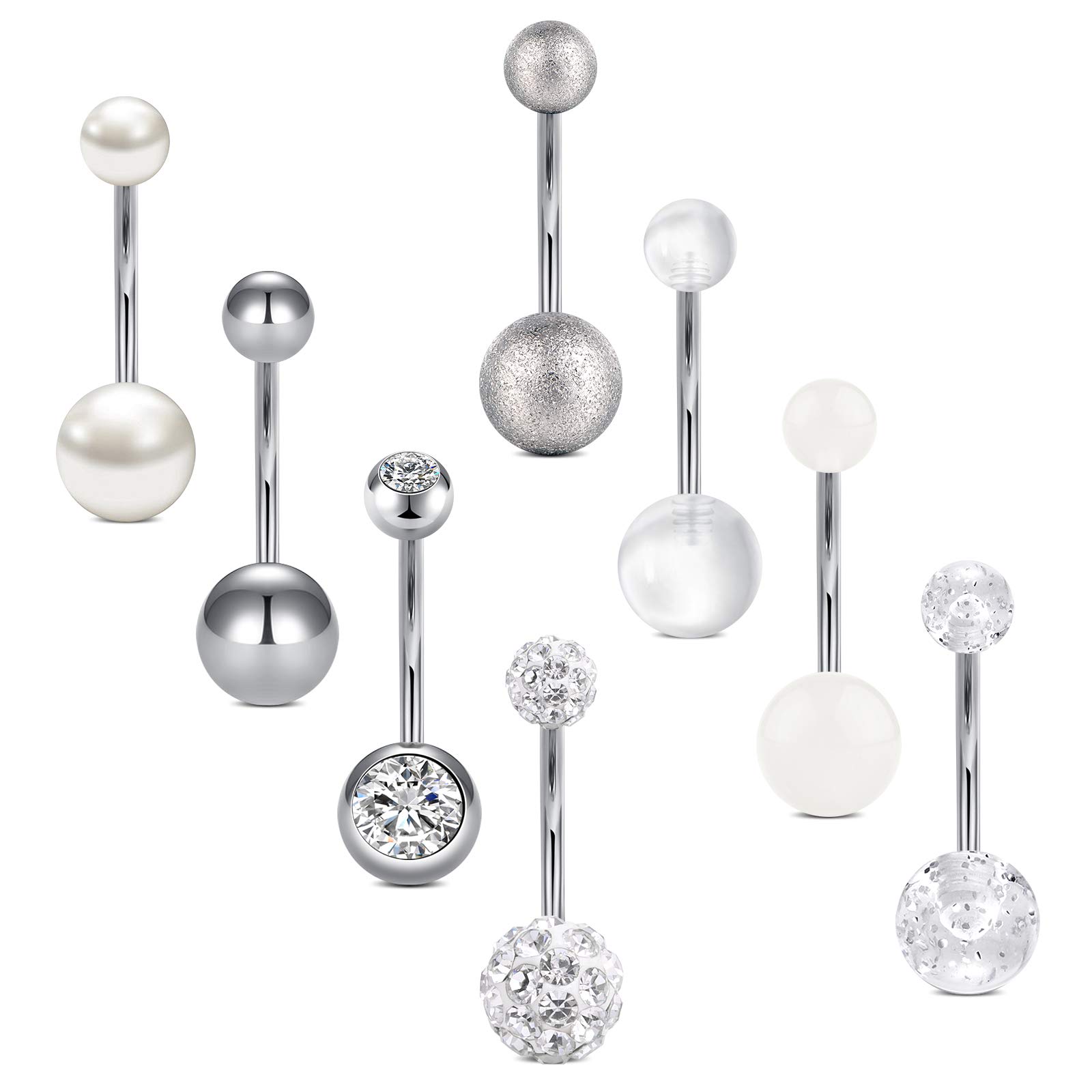 Crdifu 8pcs Silver Belly Bars Pack 14G Surgical Steel Belly Button Rings Piercing Jewellery 8/10/12/14mm Available