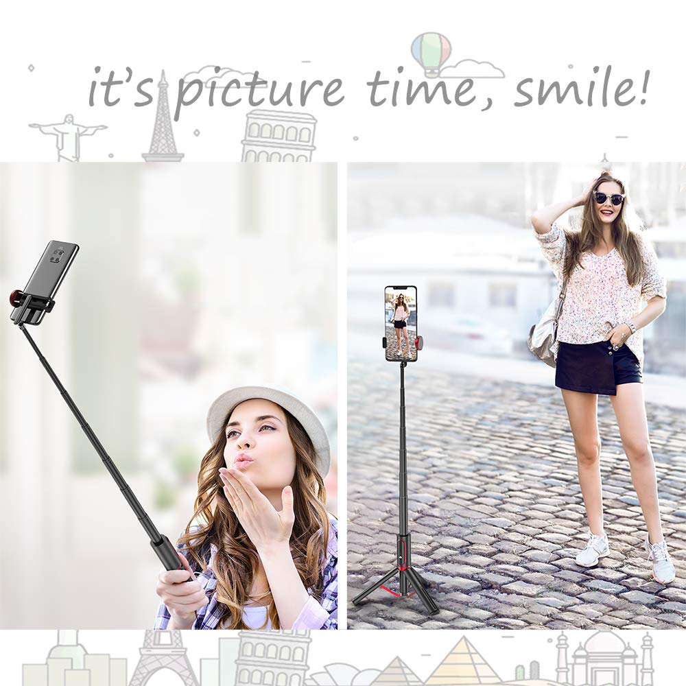 Selfie Stick Tripod Bluetooth Remote - Removable Wireless Remote Controller Portable Lightweight Aluminum Alloy Extendable Selfie Stick with Reinforced Tripod (Black)