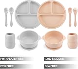 PandaEar Silicone Feeding Set 2 Divided Plates 2 Bowls 2 Tiny Cups Pink Gray view 2