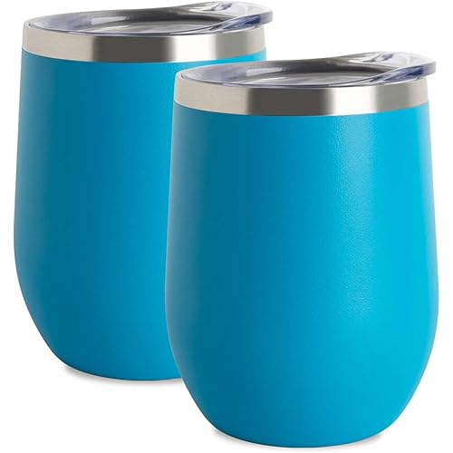 Jearey Stemless Wine Glass Tumbler 12 oz Stainless Steel Double Wall Vacuum Insulated Wine Cup with Lid Travel Friendly (2 Pack, Lake Blue)