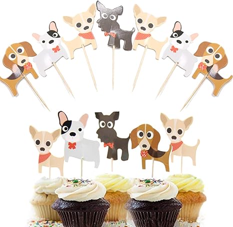 Dog Cupcake Toppers Pet Theme Picks 48pcs Double Sided Cute Dog
