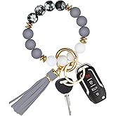 Manlosen Key Ring Bracelet Car Keychain Holder Wristlet Silicone Beaded Bangle Chains for Women