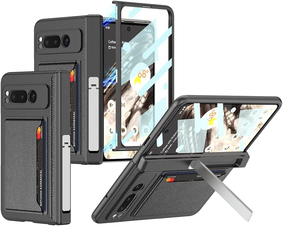 FODDOM for Google Pixel Fold Hinge Case with Card Holder,Built-in Screen Protector & Kickstand,Ultra Thin All-inclusive Folding Automatic Recovery Magnetic Suction Shockproof Cover (Black)