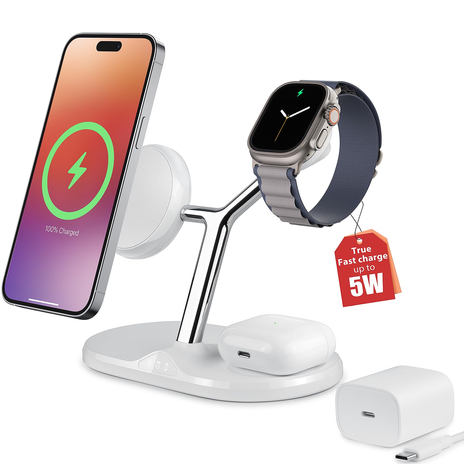 Photo 1 of 3-in-1 Wireless Charging Station for Apple Devices - Fast Charging Station for iPhone and Watch with MagSafe, Stable Charger Stand for iPhone 12-15 & iPhone 16 & iWatch & AirPods