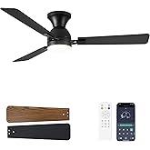 Dolavast Ceiling Fans with Lights, 52 inch Low Profile Ceiling Fan with Light and Remote Control, Flush Mount, Reversible, 3CCT, Dimmable LED, Noiseless, Black Ceiling Fan for Bedroom, Living Room
