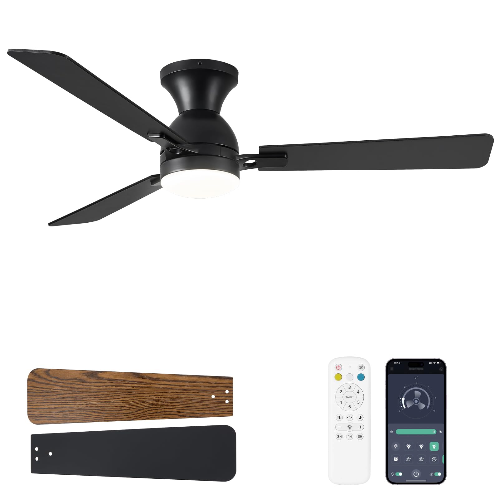 Photo 1 of Dolavast Ceiling Fans with Lights, 52 inch Low Profile Ceiling Fan with Light and Remote Control, Flush Mount, Reversible, 3CCT, Dimmable LED, Noiseless, Black Ceiling Fan for Bedroom, Living Room