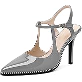 SAMMITOP Womens High Heels Ankle Strap Pointed Toe Stilettos Patent Leather Beaded Pumps Dress Shoes 3.5 Inch