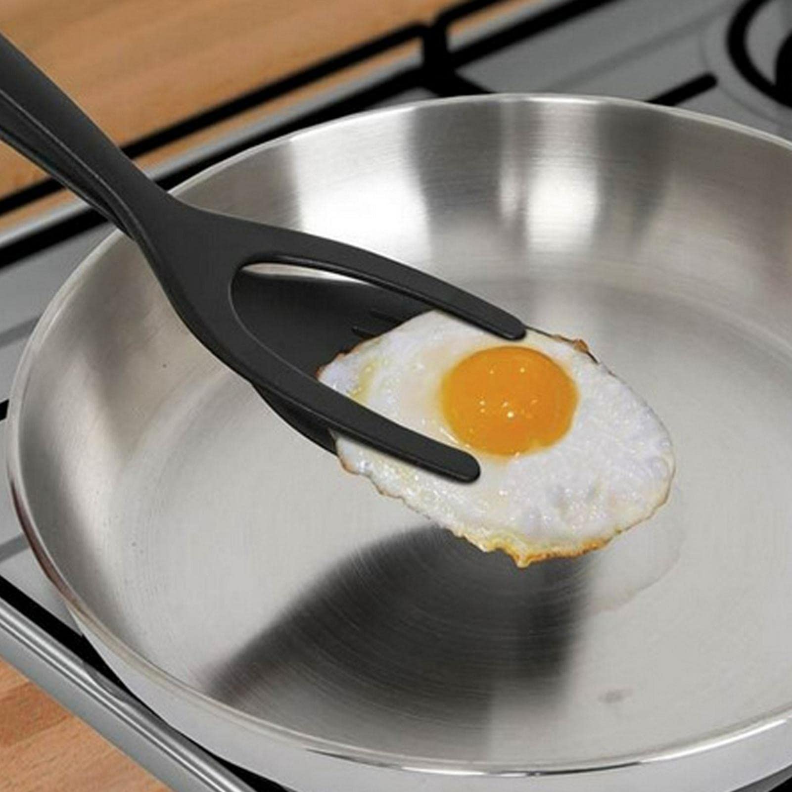 Jiakalamo 1Pc Grip and Flip Tongs Spatula,2 in 1 Fried Grip Flip Tongs, Fried Eggs Turners for Eggs Steak Frying Turning Grilling Kitchen Cooking Tool(Black)