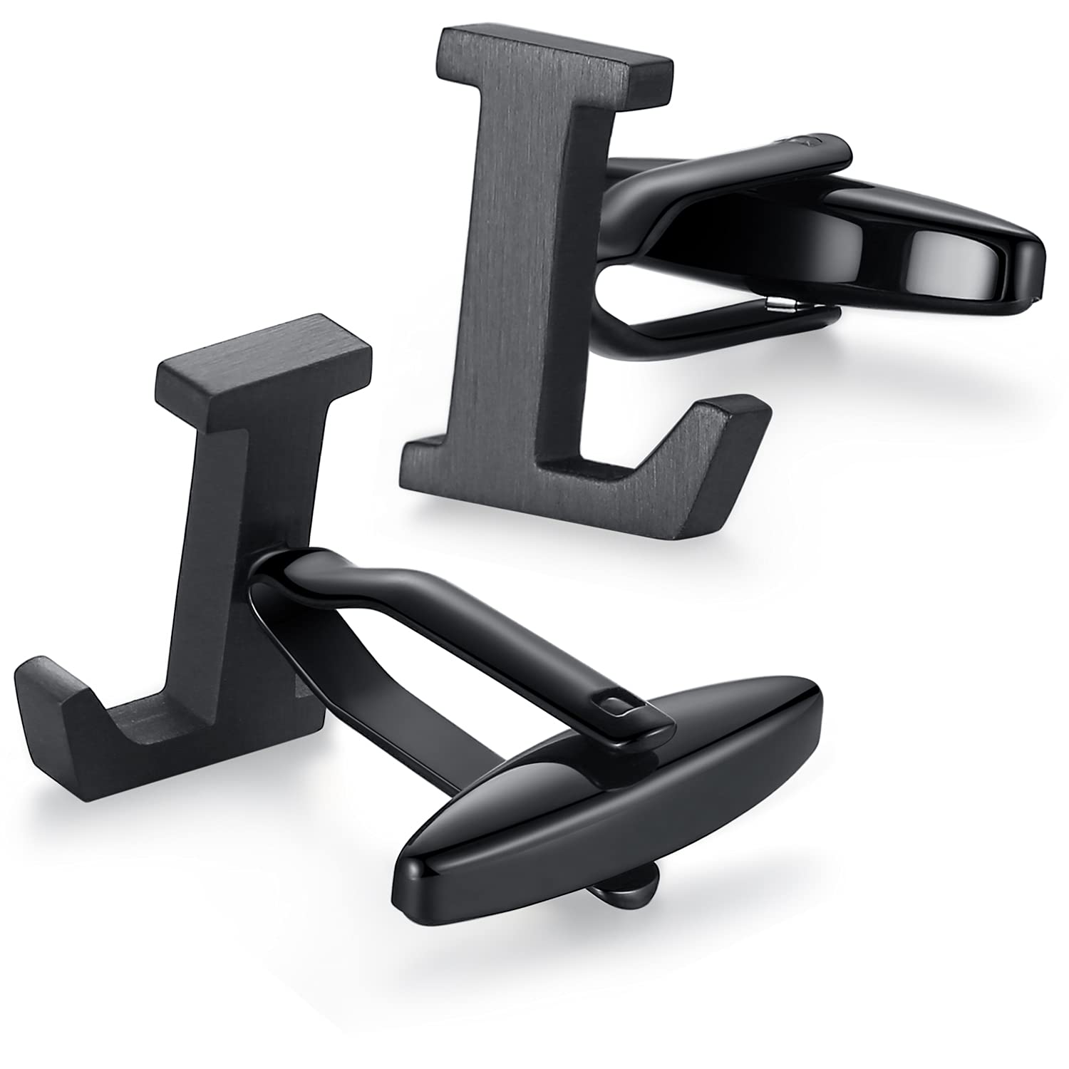 HONEY BEAR Mens Initial Alphabet Letter Cufflinks,Stainless Steel for Wedding Formal Business Gift (L-Black)