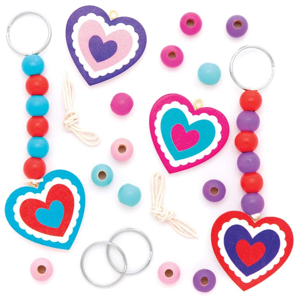 Baker Ross AT358 Heart Wooden Keyring Children's Craft - Pack of 4, Ideal For Kids To Build Their Own Key Chain, Bag Charm