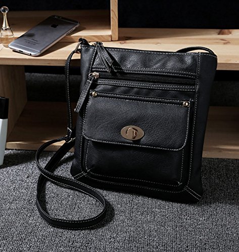 Ecokaki(TM) Women's Genuine Leather Multi-Pocket Crossbody Bag Shoulder Bag Messenger Handbag Purse, Black