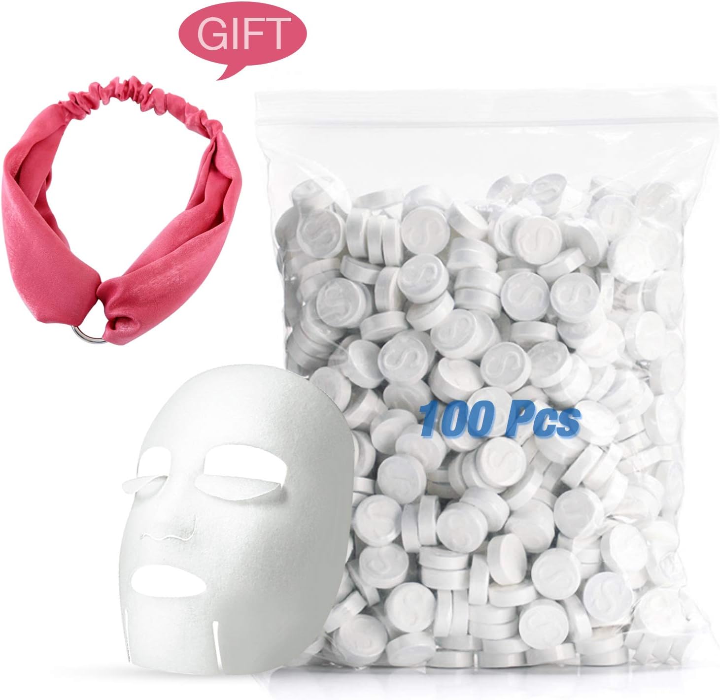 DIY Facial Mask Skin Face Care Mini Dry Compressed Masque Cotton Mask 100pcs with Headband
