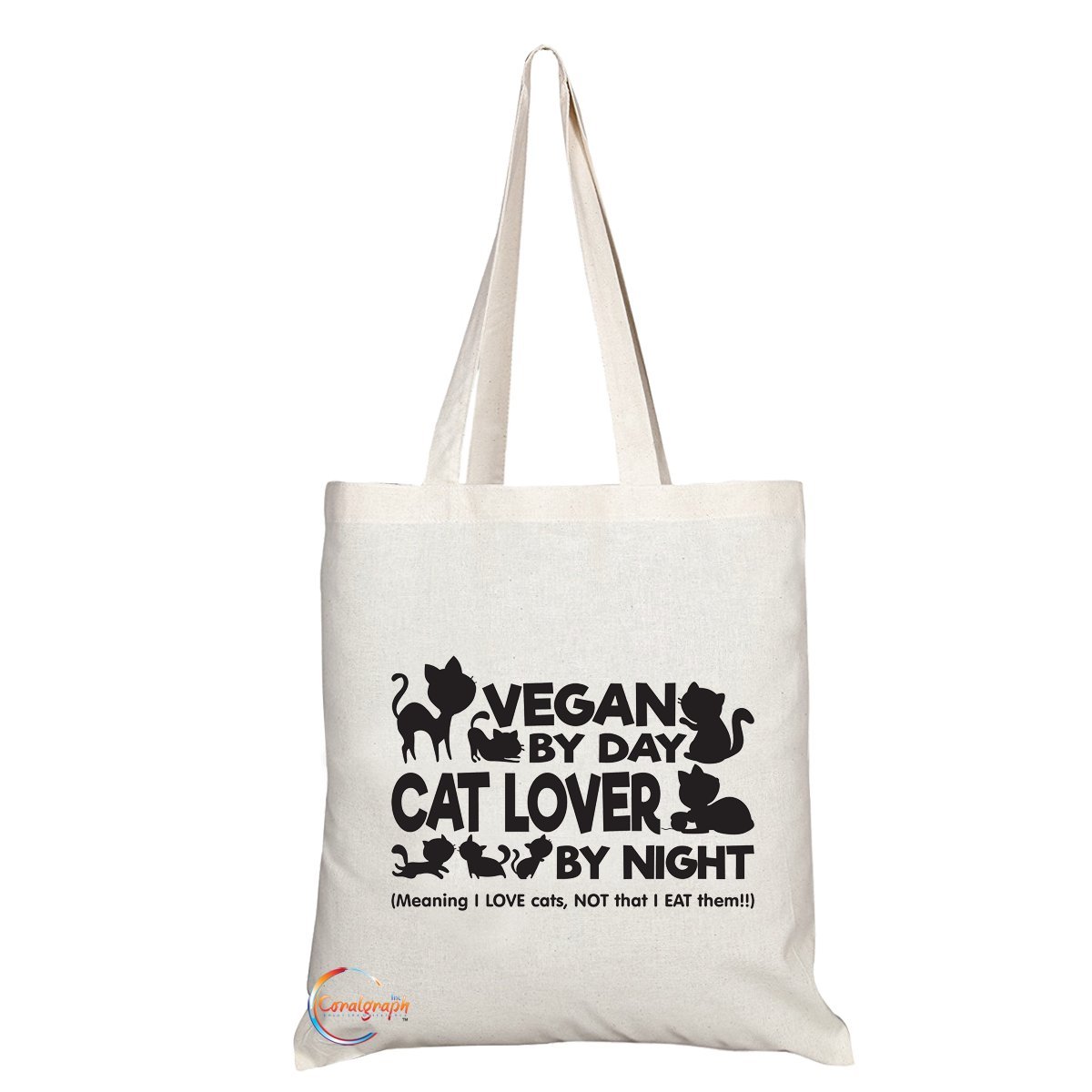 Coralgraph Inc TB072 VEGAN BY DAY CAT LOVER BY NIGHT Novelty Present Gift Printed Eco-Friendly Stylish Long Handled Tote Shoulder Bag
